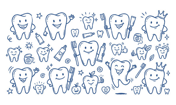 Vector doodle set of tooth mascots with dental care elements.