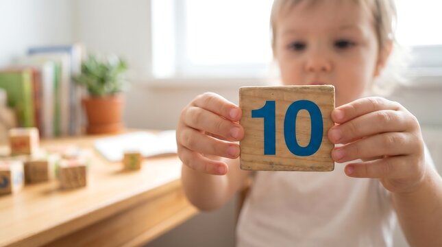 Toddler holding wooden block with number ten in front of face while sitting at wooden table in sunlit room with blurred educational toys and books in background for learning