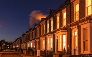 Fototapeta premium Victorian Terraced Houses at Night with Warm Window Lights and Dark Blue Sky