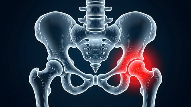 Pelvic girdle and hip joint pain x-ray illustration showing hip dysplasia