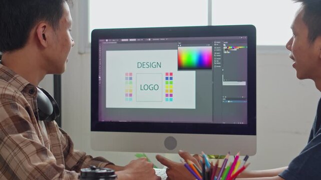 Two creative graphic designers collaborating on digital project using screen with agreement gestur