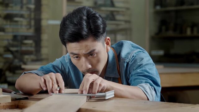 Eco friendly wood shop, focused carpenters handmade craftsman woodworker takes measure with carpenter's square trace cutting line on a wooden table using pencil, Iron ruler draw line on wood surface
