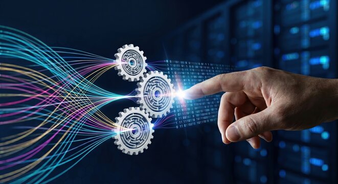 A hand touching a binary code matrix as a colorful data filaments flow through quantum nodes, data analytics and business intelligence concept