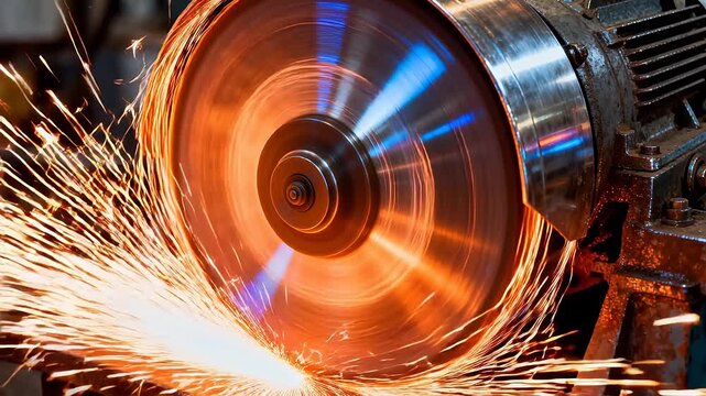 High speed metal circular saw cutting with orange sparks in industrial workshop