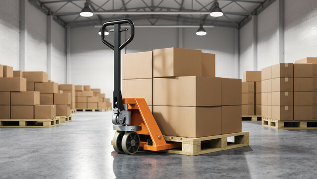 Hand pallet jack moving cardboard boxes on wooden pallets in a large, modern warehouse. Efficient logistics & storage