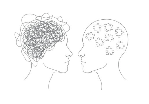 Two human profiles comparing rational thinking and messy mental chaos