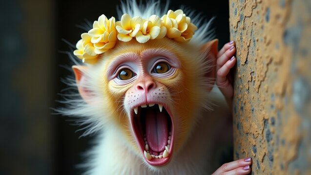 Young monkey with a flower crown showing its teeth while perched against a textured wall, displaying vibrant facial features and expressive eyes