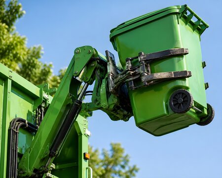 Close Up Automated Mechanical Arm Side Loader Garbage Truck Lifting Bright Green Residential Bin Into Compactor