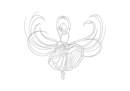 Continuous line drawing of a graceful ballerina dancing in a skirt