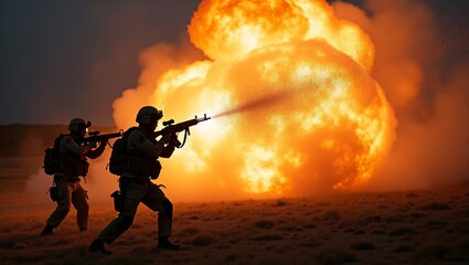Obraz premium Two soldiers in tactical gear firing rifles during a large explosion in a desert landscape, with flames and smoke illuminating the night sky