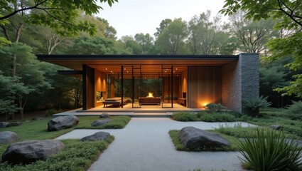 Naklejka premium Modern architectural house with large glass windows and wooden accents surrounded by greenery and rocks in a serene outdoor setting