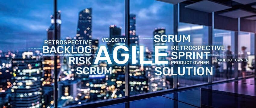 Agile methodology meeting focused on scrum and sprint strategies in a modern office environment overlooking a city skyline at night