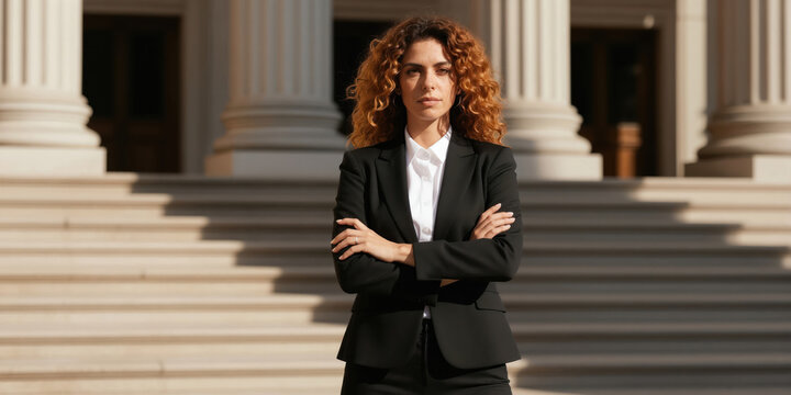 Italian female lawyer stands arms crossed before courthouse stpic. Pro woman in suit ready for legal case at justice building. Confident advocate prepares for trial.