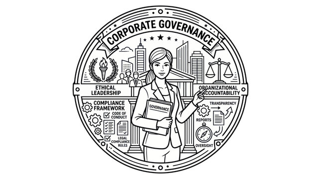 Corporate governance seal featuring businesswoman and business icons