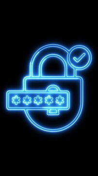Neon blue padlock with glowing password screen and verified checkmark