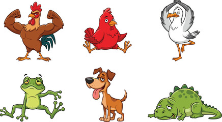 Fototapeta premium Funny cartoon animal character vector set with a strong rooster, tired frog, happy dog, sitting bird, yoga seagull, and sleepy dinosaur for children's designs