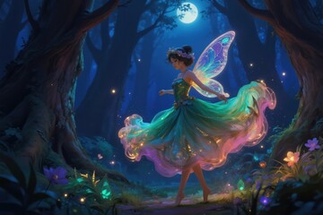 Naklejka premium Nighttime forest scene with glowing fairy dancing gracefully under full moon. Mystical woodland with bioluminescent flora and sparkling lights, dreamlike atmosphere, fantasy realm illustration.