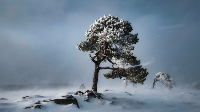 Pine tree standing on ridge during heavy snowstorm &ndash; Perfect for endurance concepts, winter travel promotions, or resilience themes.