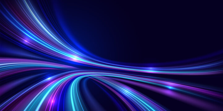 Abstract glowing light trails converging and intersecting on a dark blue background, symbolizing digital connectivity, data flow and advanced technology. Vector illustration.