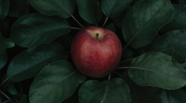 Single ripe red apple rests in dark green rich foliage. Close-up view of fresh organic fruit surrounded by dense leaves. Natural botanical background with vibrant color contrast.