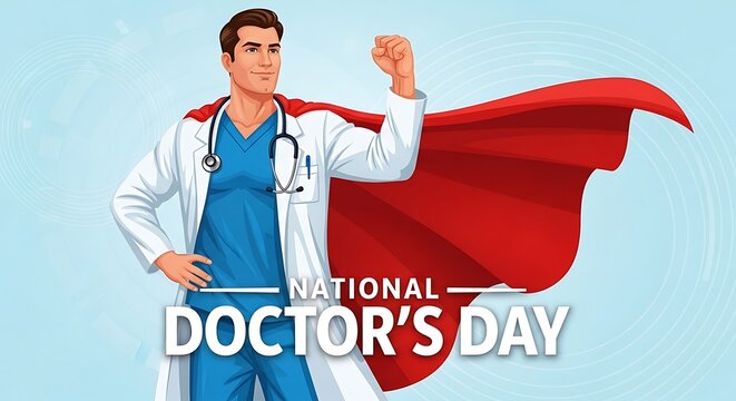 Doctor in white coat with red superhero cape celebrating national doctors day