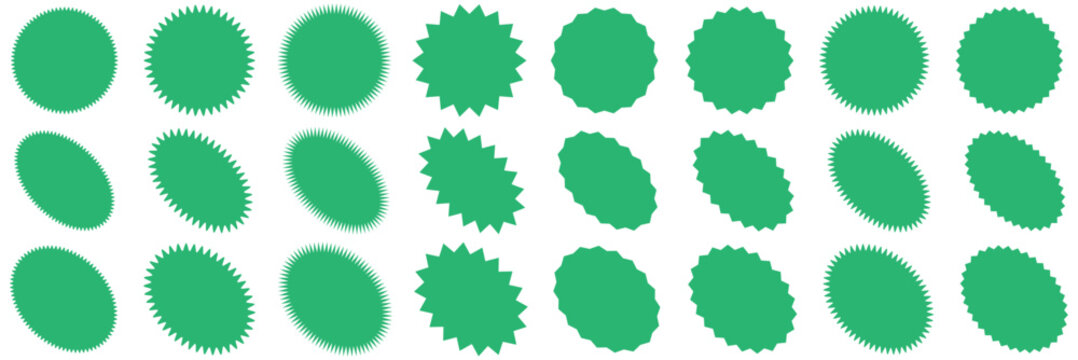 Various badge shapes for starburst print and digital promotional materials vector. Set of yellow star burst shape tags for price. Circle sticker. Wavy edge promo badges. Blank sale stickers collection