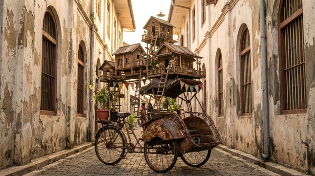 Rusty vintage becak pedicab transformed into a creative art installation featuring multiple miniature wooden houses and ladders, parked in a narrow alley with weathered buildings.