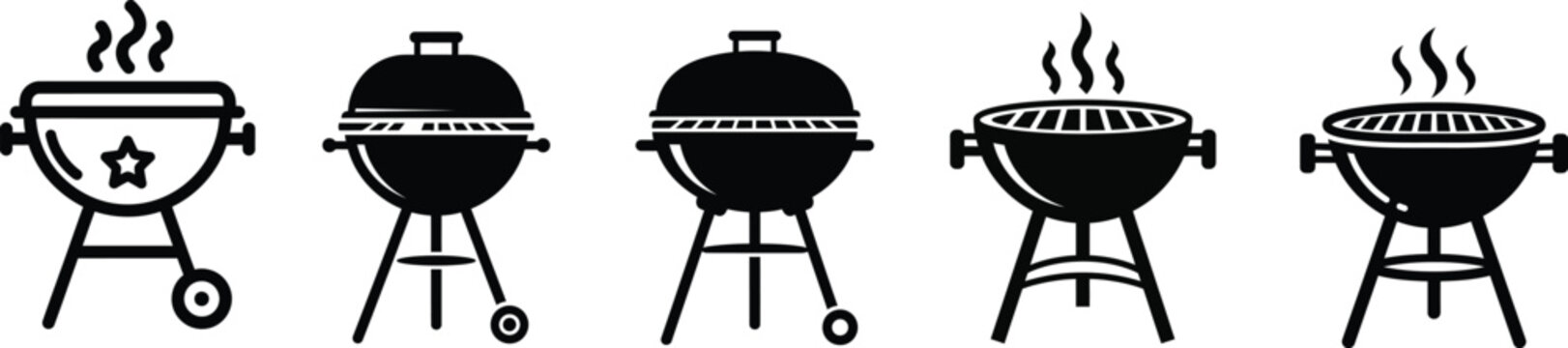 Black and White Barbecue Kettle Grill Vector Icon Set