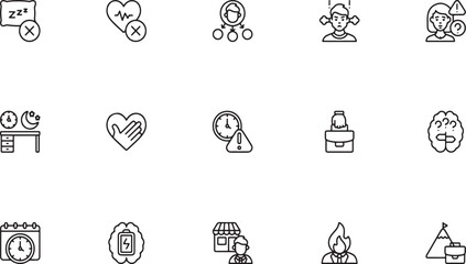 Fototapeta premium Corporate Mental Health and Human Resources Line Art Icon Set Featuring Stress, Employee Burnout, Deadline Warnings, Heart Care, and Organization Charts for Business Psychology