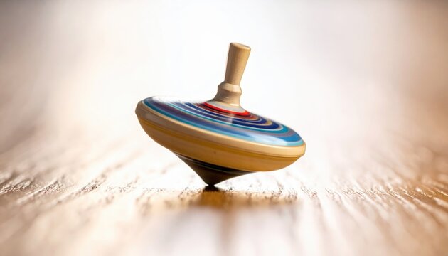 A Colorful Wooden Spinning Top in Dynamic Motion on a Polished Surface