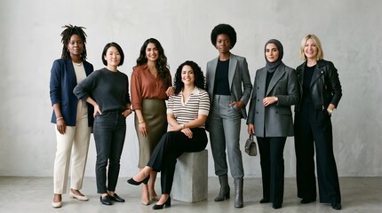 Fototapeta premium diverse group of women of different ethnicities, minimalist gray background, fashion editorial style