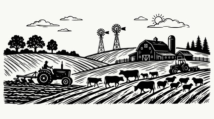 Rural countryside landscape in vintage linocut style featuring farmers driving tractors, livestock like cattle and sheep, a wooden barn with a silo, and windmills on rolling hills scenery. © Ayong