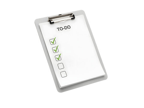 Clipboard with paper note and checked to do list isolated on transparent backdrop surface.