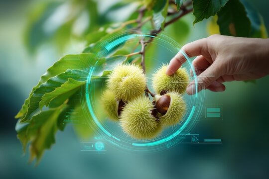 Close-up of human hand examining green spiky chestnut burrs on tree branch with futuristic digital interface elements and blurred natural background