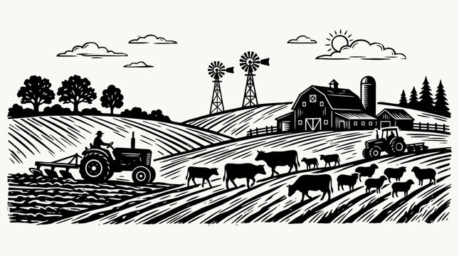 Rural countryside landscape in vintage linocut style featuring farmers driving tractors, livestock like cattle and sheep, a wooden barn with a silo, and windmills on rolling hills scenery.