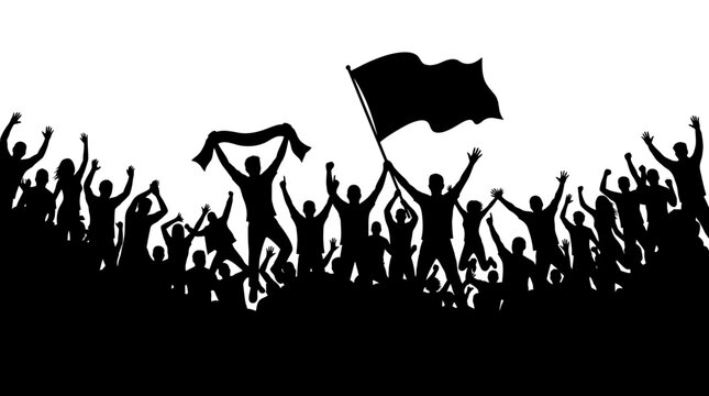 Black silhouette of a cheering crowd of fans with flags and scarves celebrating a victory at a sports event or concert, isolated on a white background for easy graphic design work.