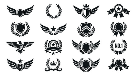 Set of Black Heraldic Emblems Featuring Vector Shields with Eagle Wings, Laurel Wreaths, Stars, Crowns, and Ribbons for Luxury Awards, Security, Sports, and Quality Certification Graphic Design. © Ayong