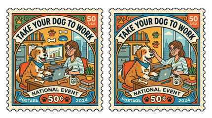 Obraz premium Woman and happy dog in office for take your dog to work day stamp