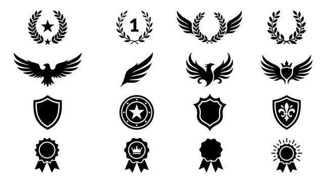 Collection of black silhouette victory icons and heraldic symbols including laurel wreaths, wings, shields, crowns, and eagle crests isolated on a white background for premium quality branding.