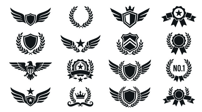 Set of Black Heraldic Emblems Featuring Vector Shields with Eagle Wings, Laurel Wreaths, Stars, Crowns, and Ribbons for Luxury Awards, Security, Sports, and Quality Certification Graphic Design.