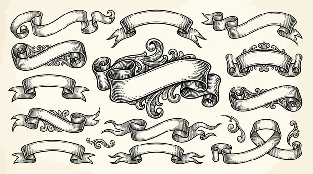 Vintage Hand Drawn Engraved Ribbon Banners Set. Ornate Decorative Scrolls and Filigree Flourishes for Invitations and Labels. Classic Retro Design Elements in Etching Style.