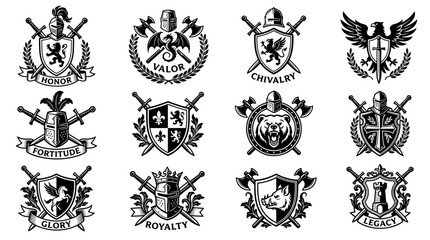 Obraz premium A comprehensive collection of 12 medieval heraldic crests and knightly emblems featuring shields, swords, helmets, and mythical creatures like dragons and lions for vintage logo and brand designs.