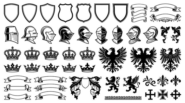 Large collection of heraldic design elements including knight helmets, shields, royal crowns, heraldic eagles, lions, griffins, and vintage ribbons in black and white vector silhouette style.