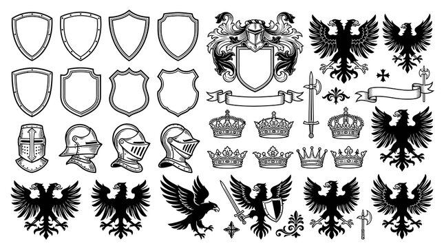 Comprehensive collection of medieval heraldic vector icons featuring royal crowns, knight helmets, heraldic shields, double-headed eagles, and ornate ribbons in classic black and white style.