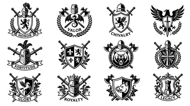 A comprehensive collection of 12 medieval heraldic crests and knightly emblems featuring shields, swords, helmets, and mythical creatures like dragons and lions for vintage logo and brand designs.