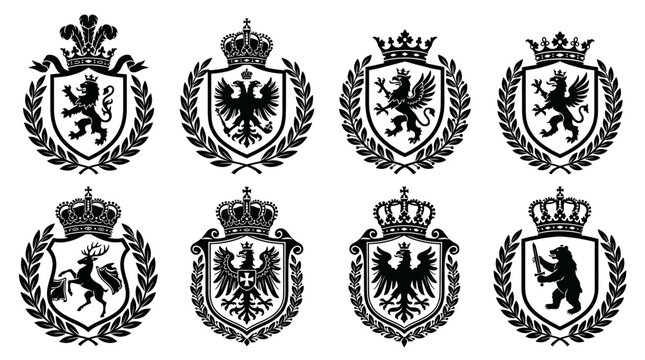 Collection of Eight Heraldic Crests Featuring Royal Crowns, Shields, and Animal Symbols Like Lions, Eagles, and Griffins in Black and White Silhouette for Vintage Branding and Logo Design.