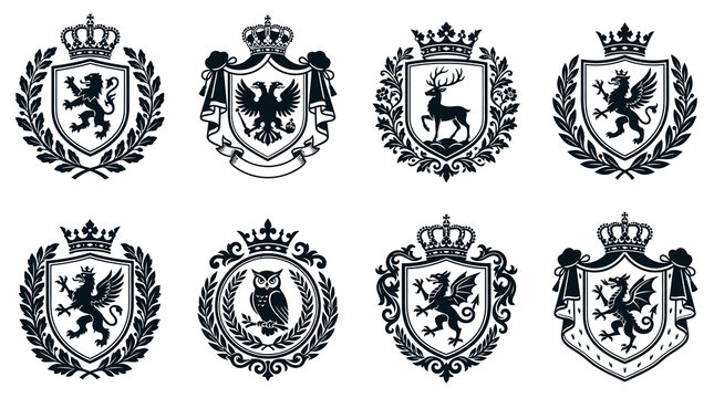 Set of eight vintage heraldic crests and royal coat of arms featuring mythical creatures like dragons and griffins, along with lions and eagles, designed for luxury branding and classic logos.