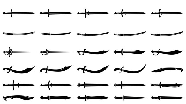 Large Set of Black Sword Silhouettes Featuring Katanas Sabers Rapiers and Scimitars for Game Design and Historical Illustration Isolated on White Background Vector Art.