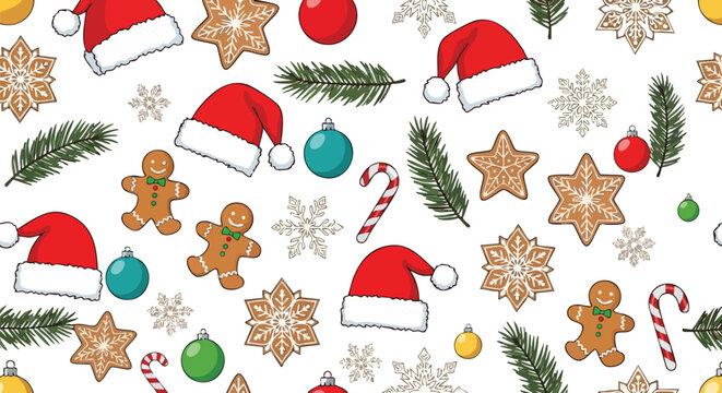 Flat Seamless Pattern With Festive Pine Branches Santa Hats Gingerbread Cookies Snowflakes Ornaments and Candy Canes on White Background