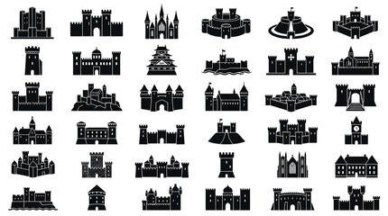 Obraz premium A comprehensive collection of thirty-six black silhouette icons of medieval castles, fortresses, towers, and historical fortified architecture in a clean flat design style on white background.
